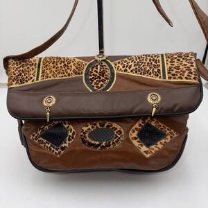Vintage Made in USA Brown Leather Patchwork Shoulder Bag Leopard Print Snake